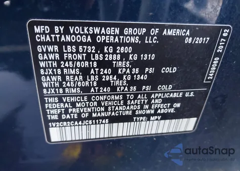 2018 Volkswagen Atlas 3.6L V6 Se z USA, uszkodzony, nr VIN 1V2CR2CA4JC511745